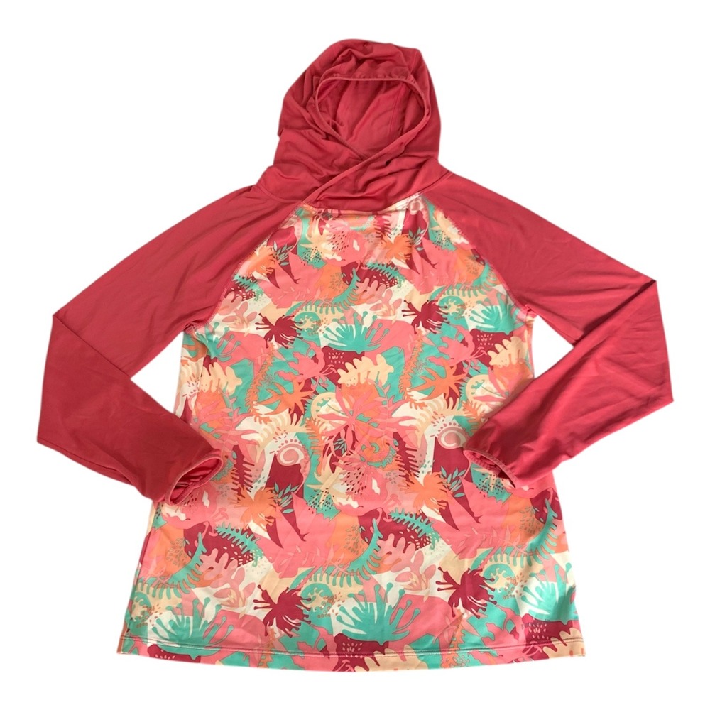 Patagonia‎ Rash Guard Capilene Hoodie Pink Tropical Print Girls XL 14 Vacation